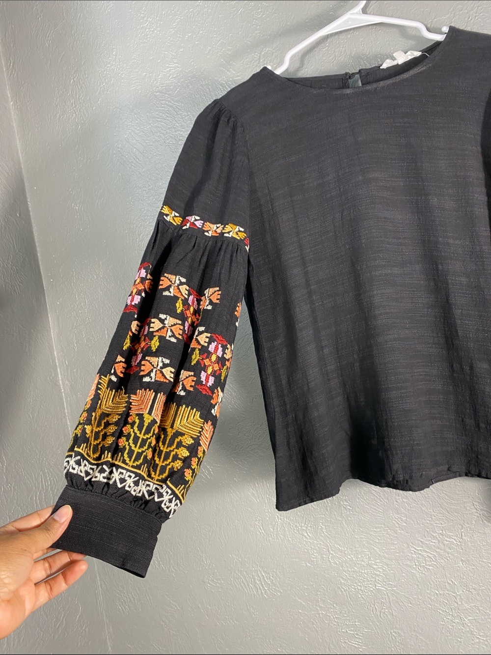 THML Embroidered Balloon Sleeve Top Womens S Black Cotton Rayon Boho Blouse - Picture 2 of 16